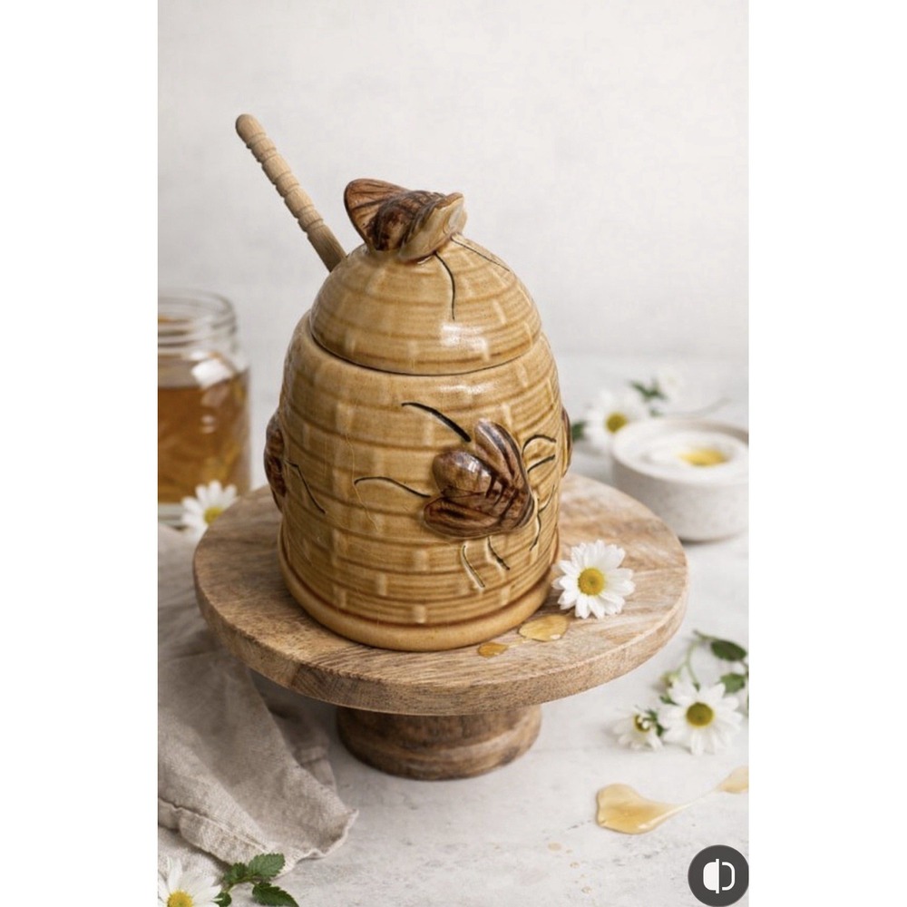 Fox Run Kitchens Ceramic Honey Pot Beehive Honey Jar‎ 10oz  3D Bee Motifs 70's